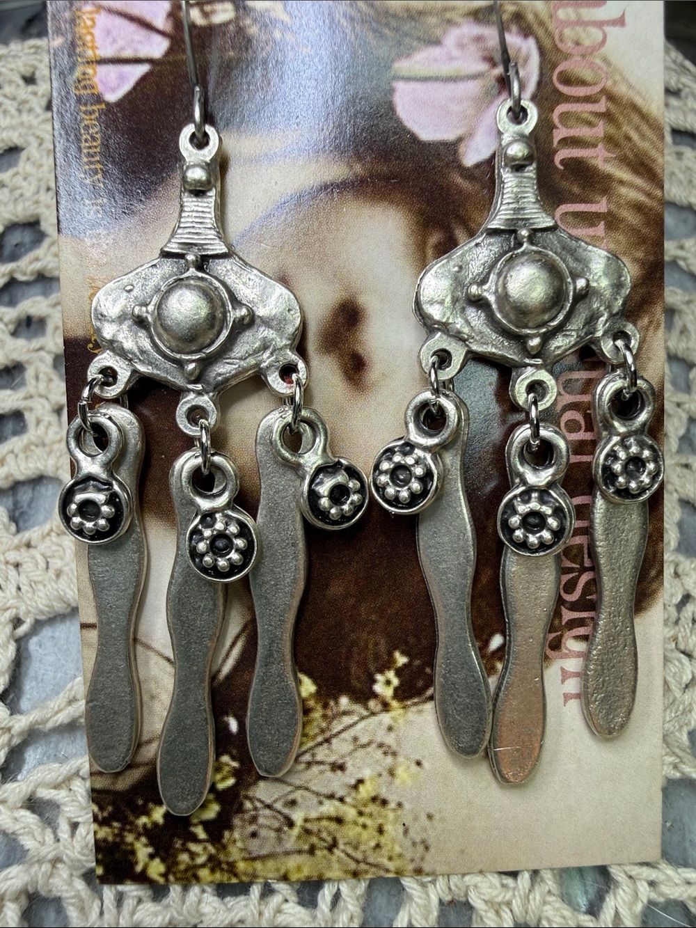 Silver Toned Floral Dangle Earrings - Women's Jewelry - Picture 3 of 3